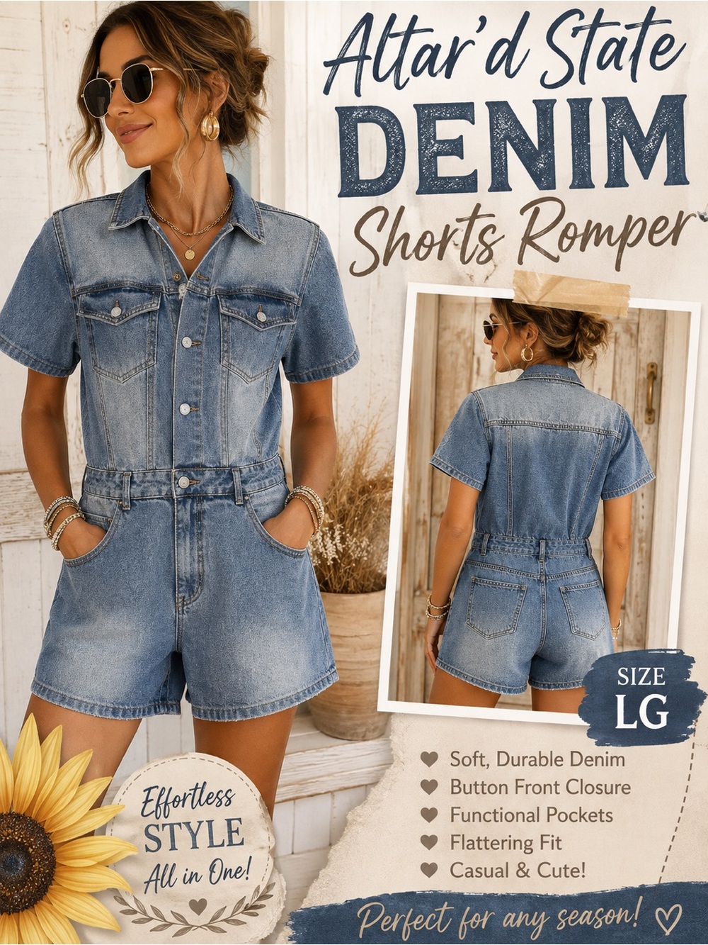 Altar'd State Light Blue Denim Shorts Romper